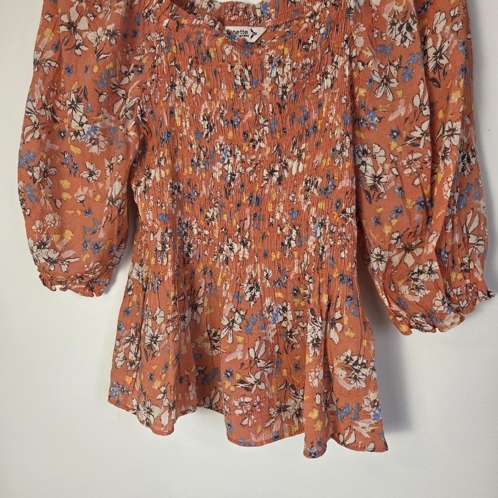 Nanette Lepore Floral Ruffled Smocked Peplum Blouse - Picture 5 of 12